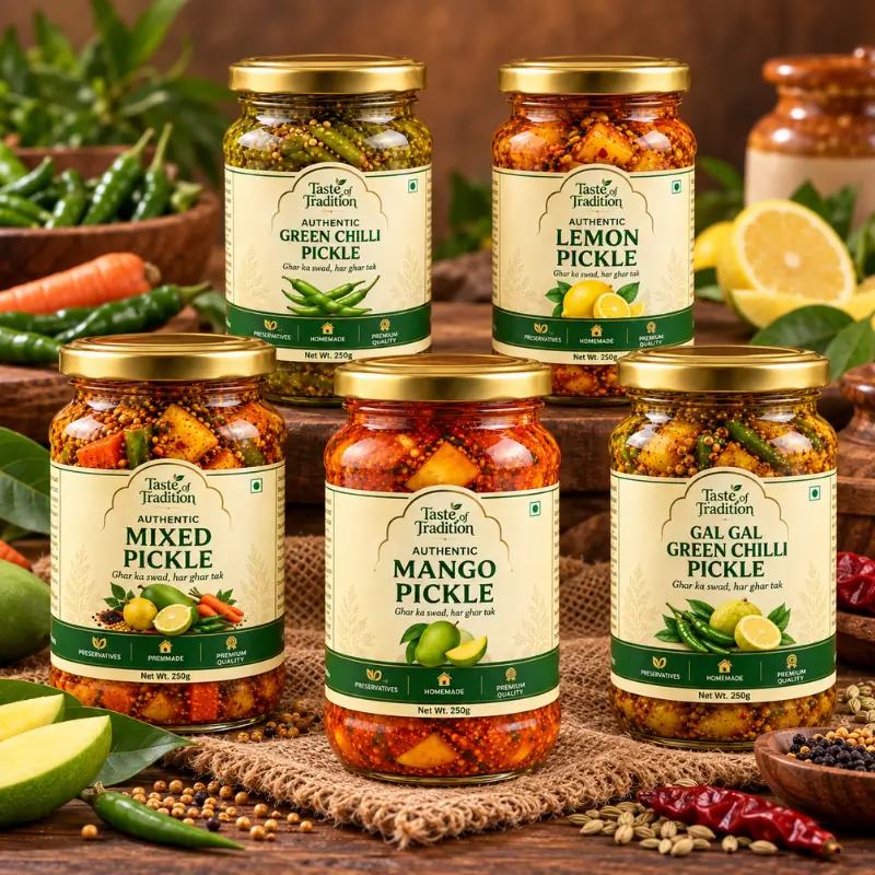 Five Flavours of Tradition - Ultimate Pickle Tasting Bundle &mdash; Hamare 5 best-selling acharon ka premium combo pack! Isme aapko milenge Mango, Green Chilli, Lemon, Mix, aur Gal Gal Achar (250g each). 100% natural, kachi ghani tel mein bane yeh traditional achar family dining aur gifting ke liye perfect hain. Ek hi pack mein 5 zayake aur badi bachat!