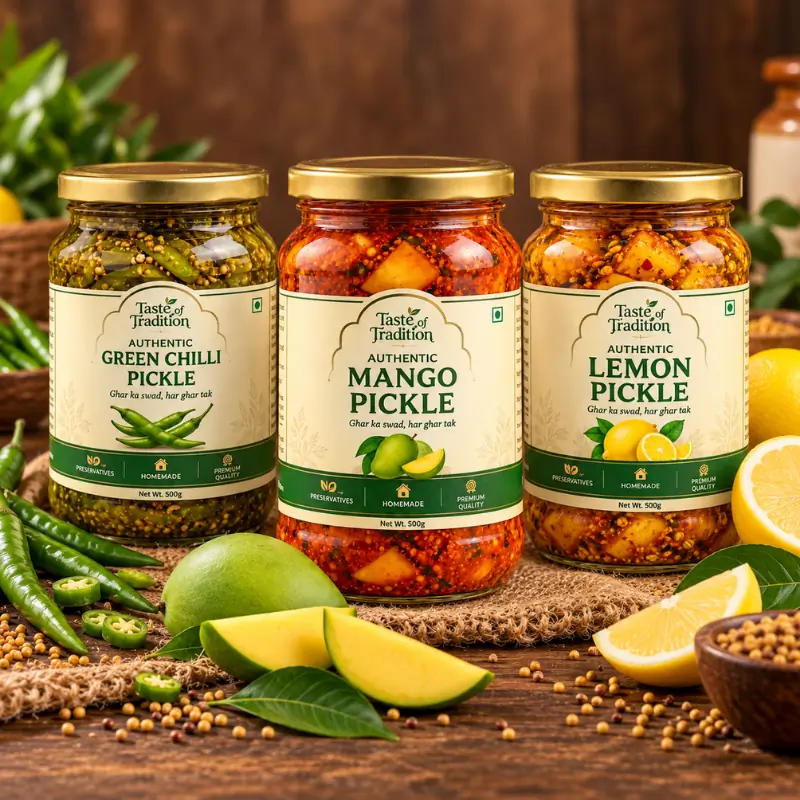 The Heritage Pickle Trio: Mango, Chilli &amp; Lemon &mdash; Bina kisi artificial preservatives ke, traditional aur authentic swaad ka anubhav karein. Iss premium combo mein shamil hain humare best-selling flavors: Mango Achaar (500g), Green Chilli Achaar (500g), aur Lemon Achaar (500g). Perfect for daily dining or premium gifting!