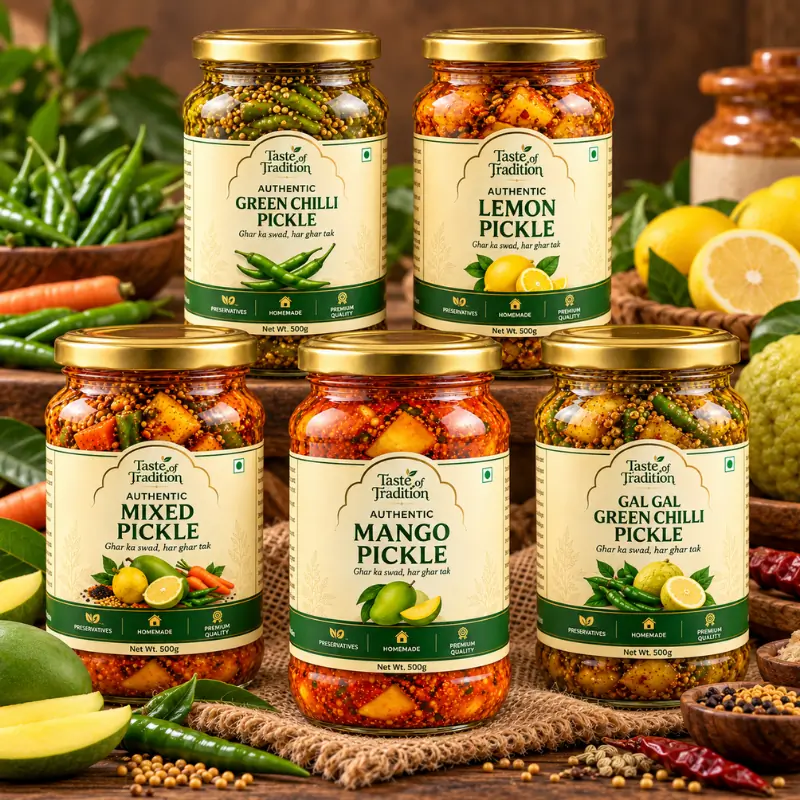Five Flavours of Tradition — Grand 500g Collection &mdash; Family ke liye perfect mega combo! Is Grand Collection mein shamil hain Mango, Green Chilli, Lemon, Mix, aur Gal Gal achar ke bade 500g packs. 100% natural, pure sarson tel mein bane traditional zayake, ab badi bachat ke sath!