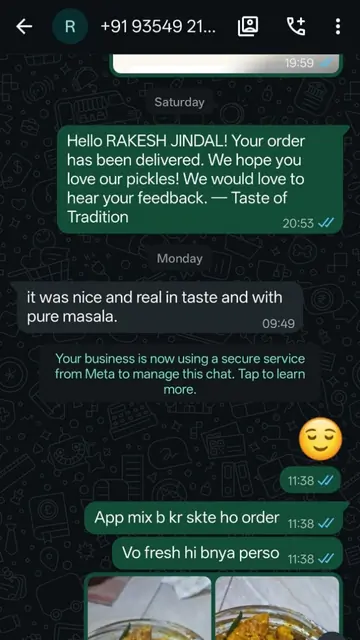 WhatsApp conversation screenshot &mdash; Rakesh J., verified order