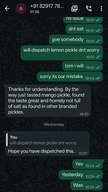 WhatsApp conversation screenshot &mdash; Aseem K., verified order