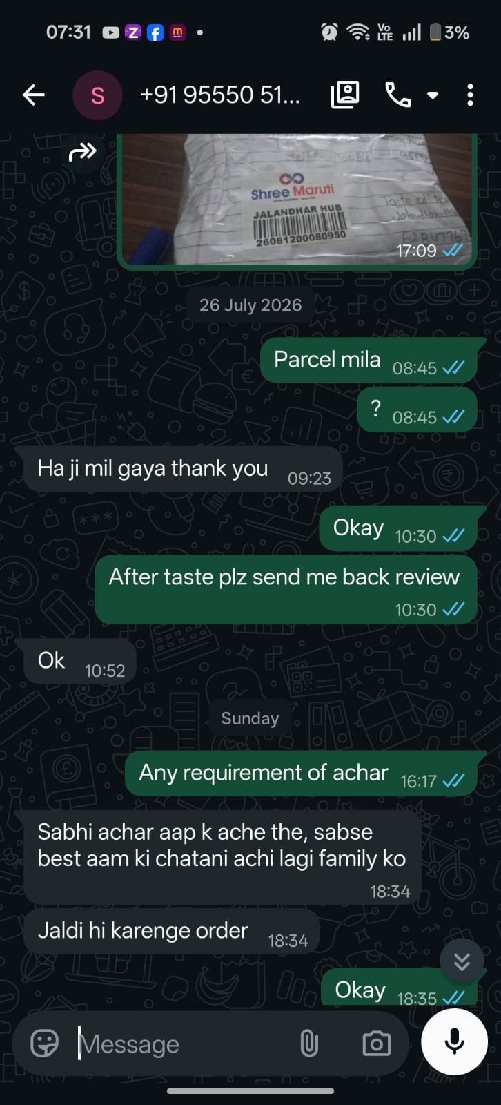 WhatsApp feedback from Verified Customer