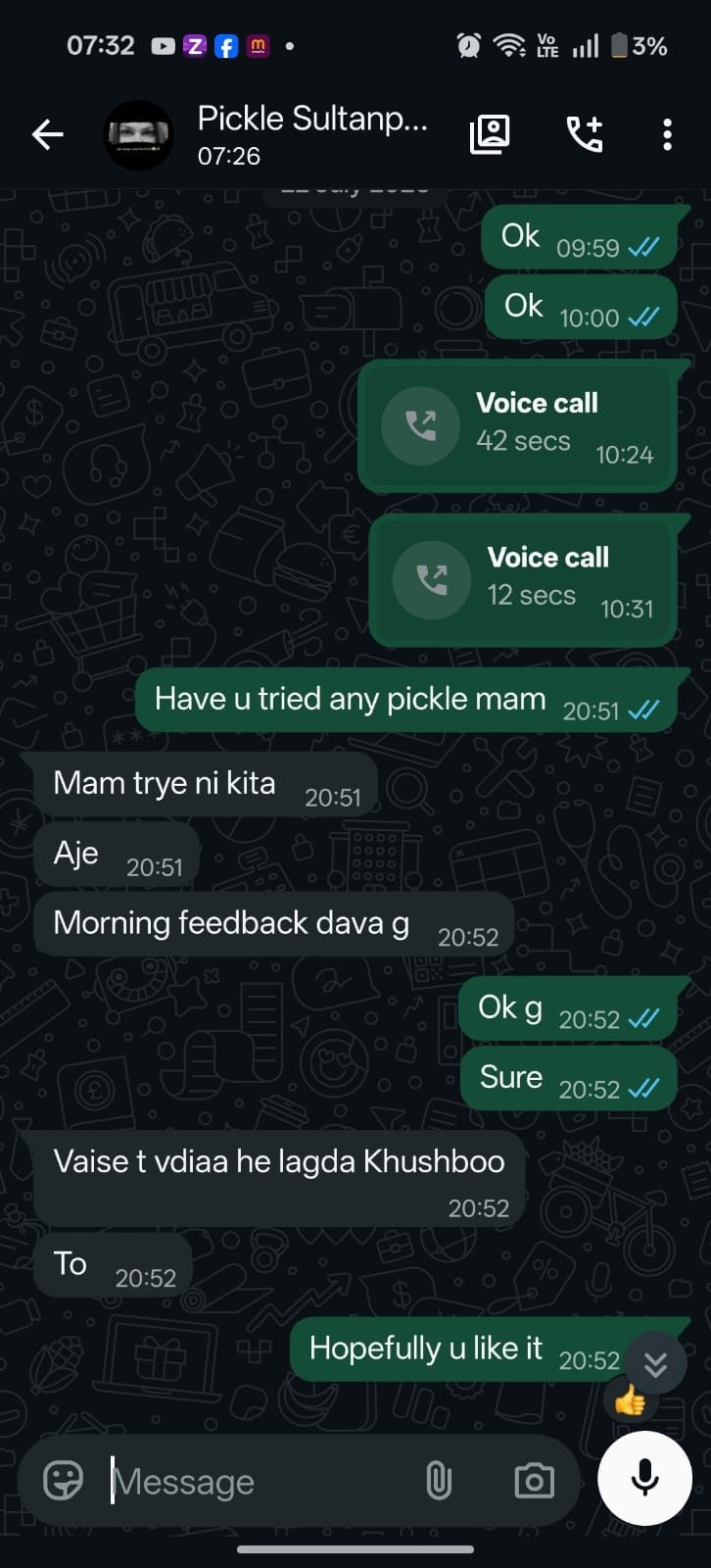 WhatsApp feedback from Verified Customer
